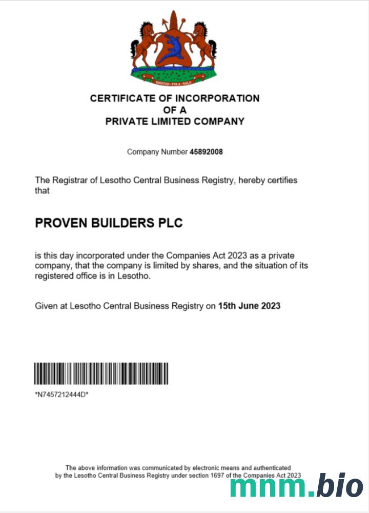 Certyfikat rejestracji firmy Lesotho szablon Word i PDF
